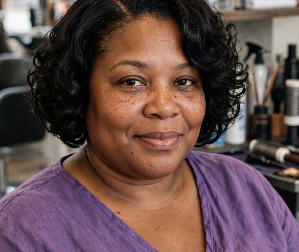 Plus size woman wearing a curly bob with a deep side part