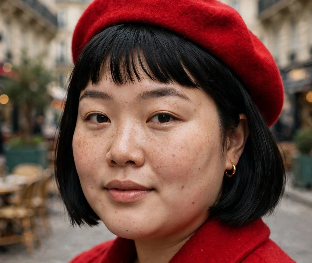 Plus size woman wearing a French bob with straight bangs in jet black hair