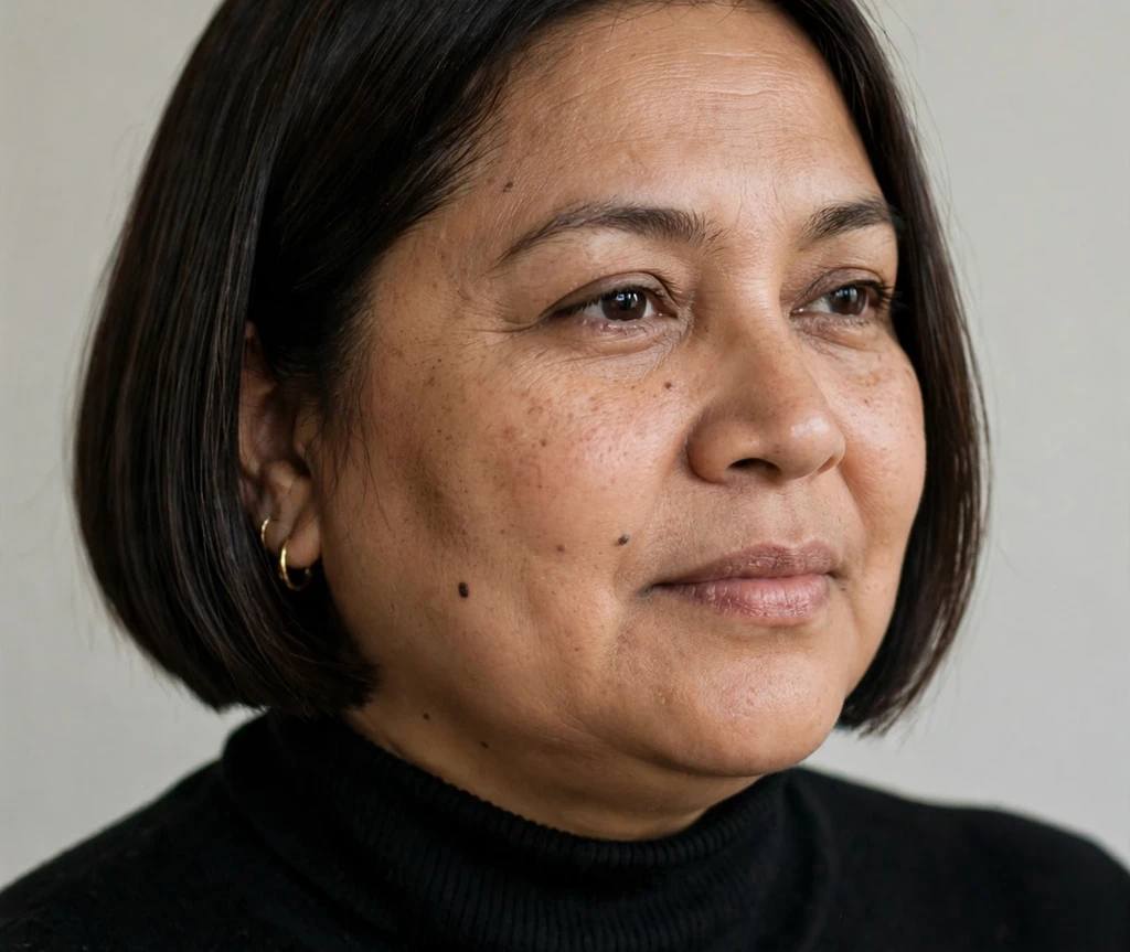 Plus size woman wearing a sharp blunt bob in dark brown hair