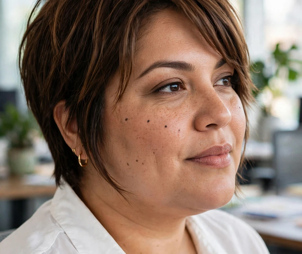 Plus size woman with a long pixie with face-framing layers in brown hair