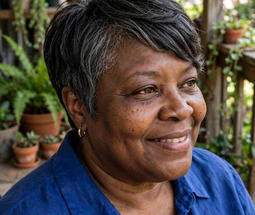 Plus size woman wearing a side-swept pixie with touches of gray