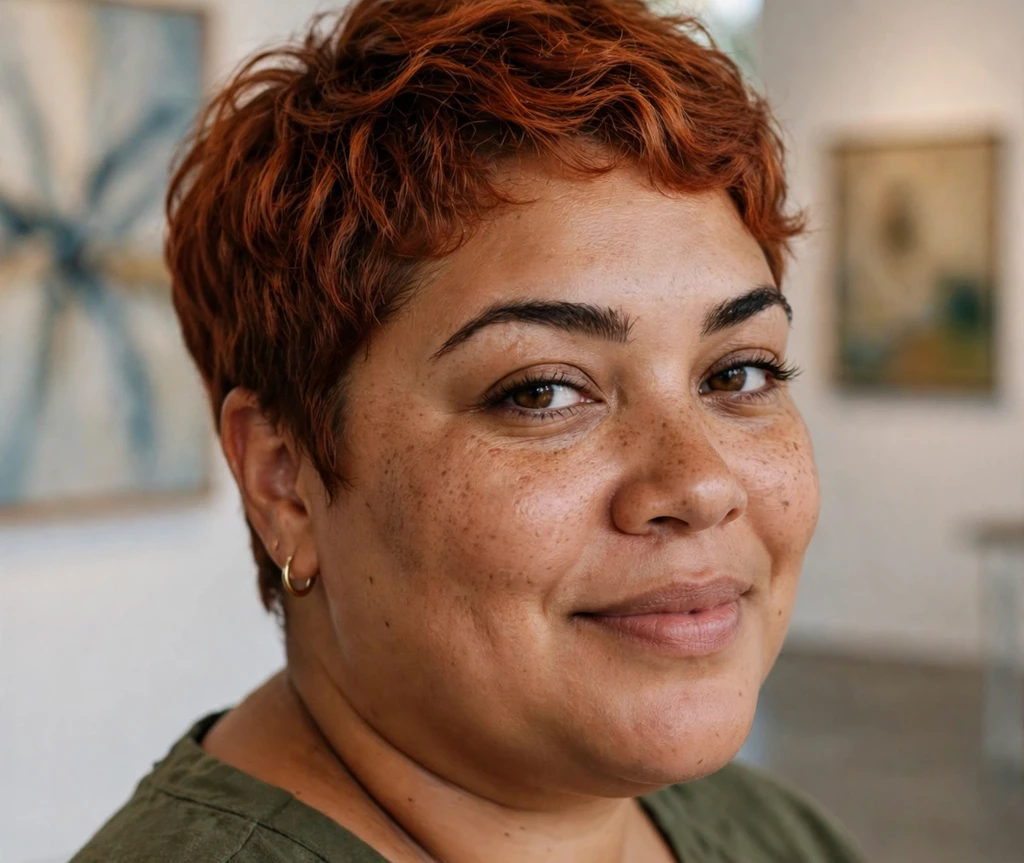 Plus size woman with a tapered pixie in copper colored hair
