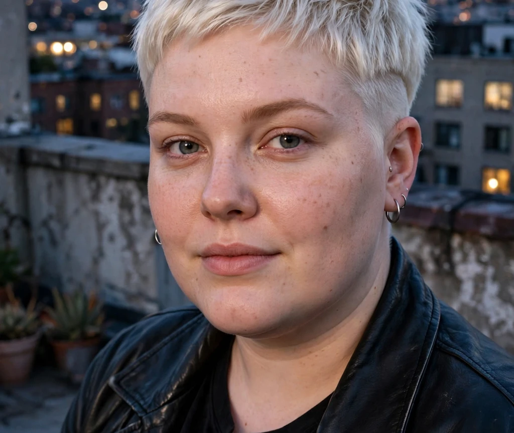 Plus size woman wearing an undercut pixie in platinum blonde hair