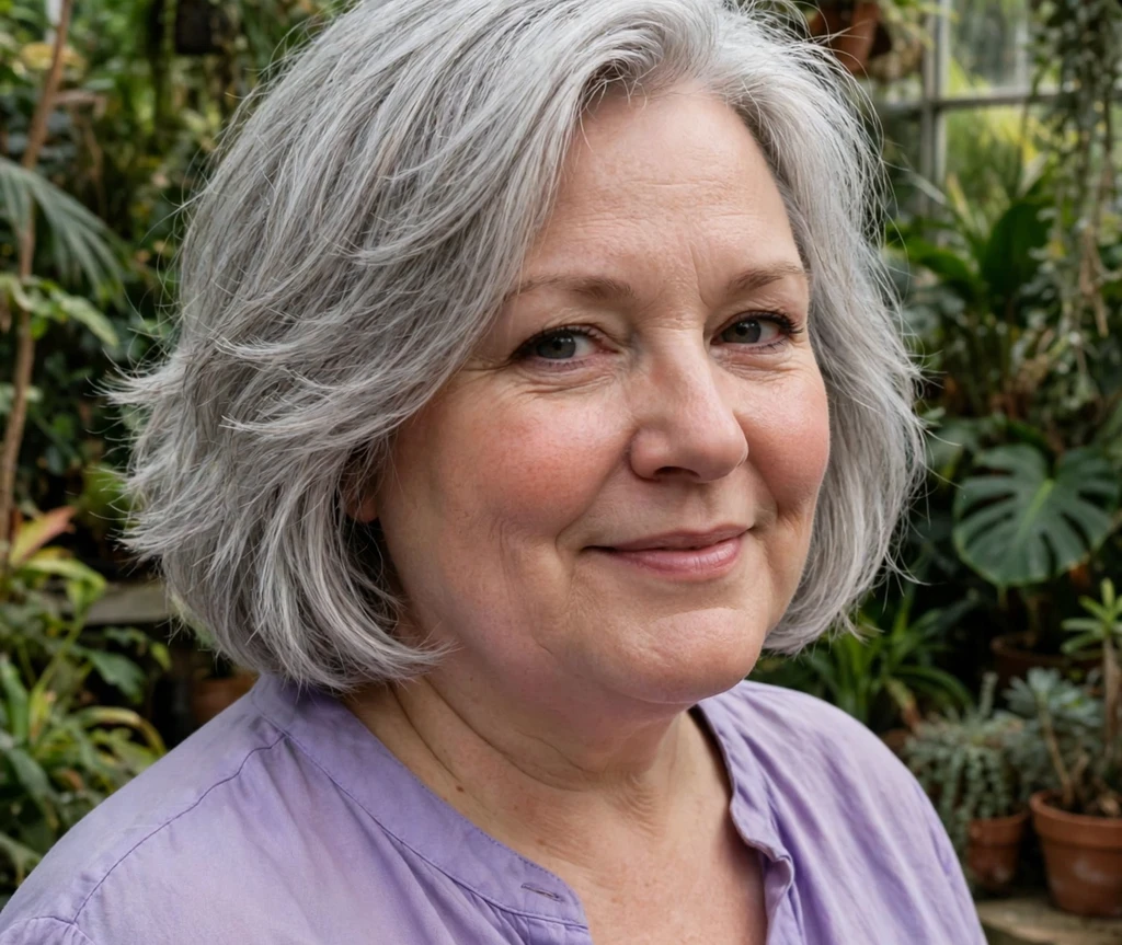 Plus size woman with a feathered bob in silver gray hair
