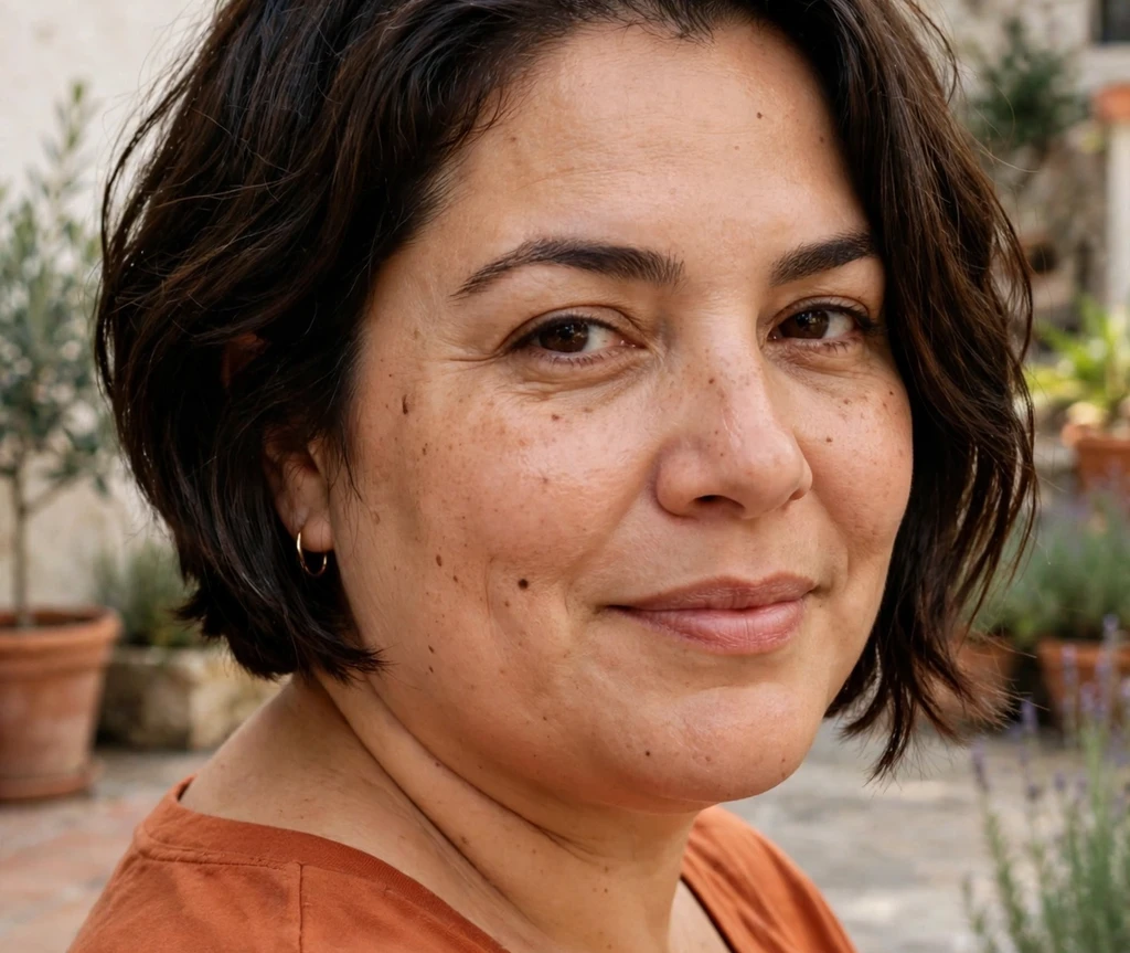 Plus size woman with an inverted bob in dark brown hair