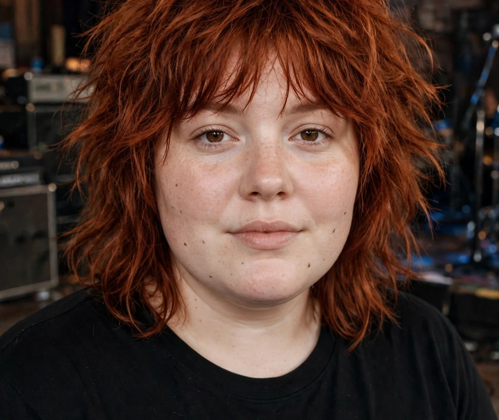 Plus size woman with a tousled shag haircut in red auburn hair