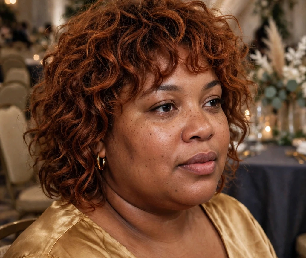 Plus size woman wearing a curly shag in auburn colored curls