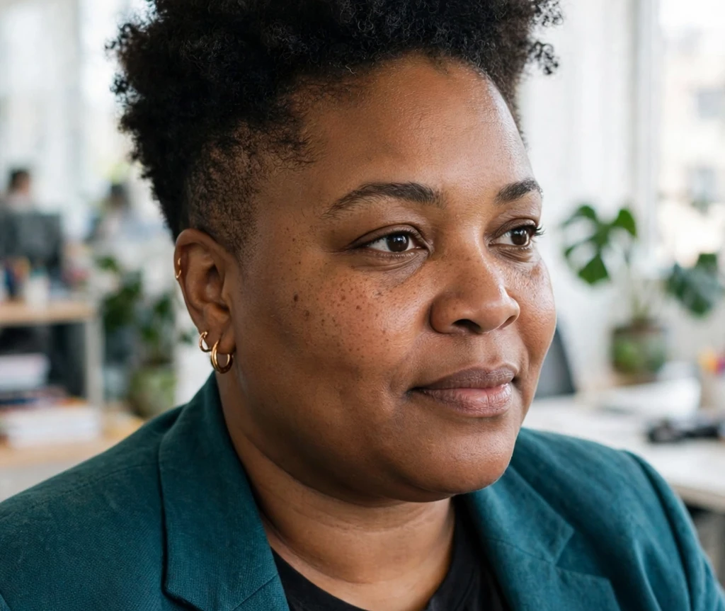 Plus size woman with a tapered natural haircut with fuller coils on top