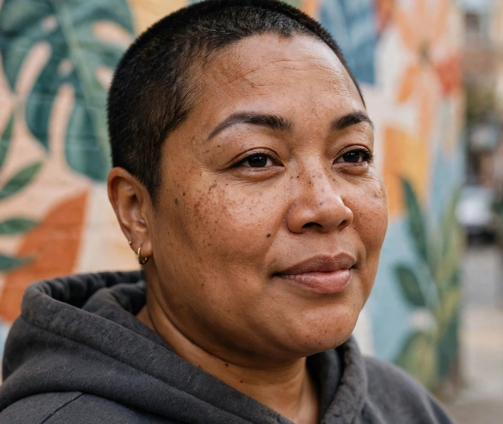 Plus size woman wearing a bold buzz cut