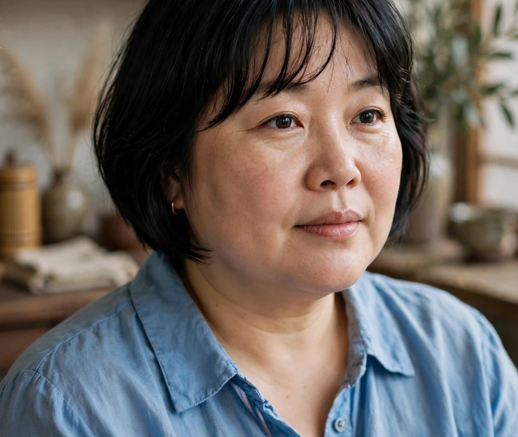 Plus size woman wearing a short bob with wispy bangs