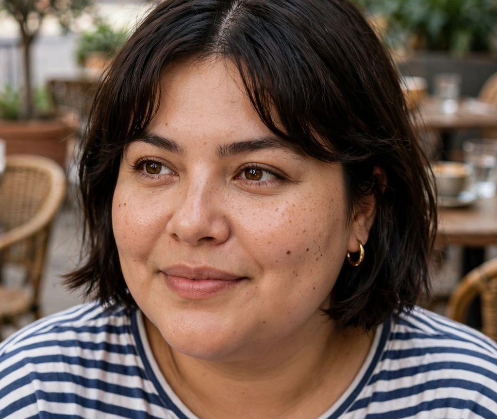 Plus size woman with a short bob and curtain bangs parted in the middle