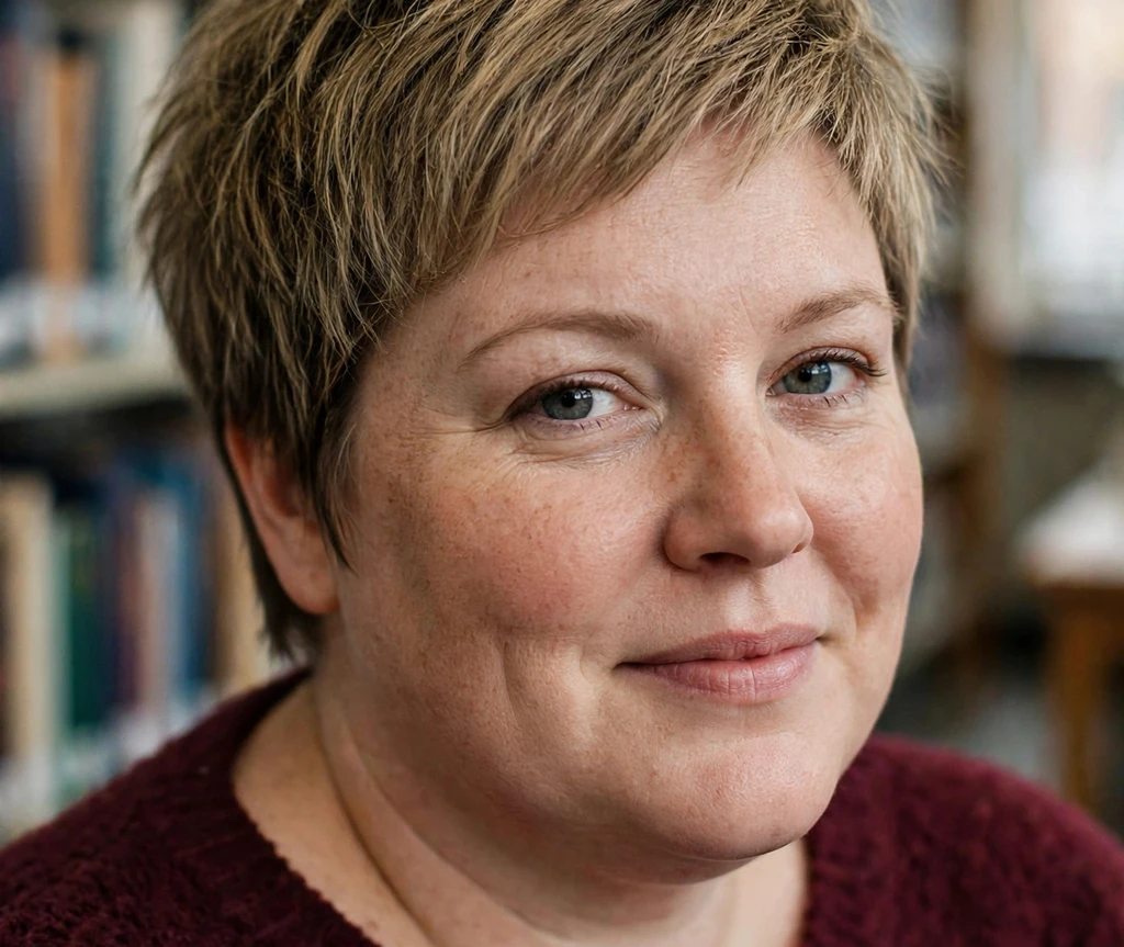 Plus size woman wearing a choppy pixie in dark blonde hair