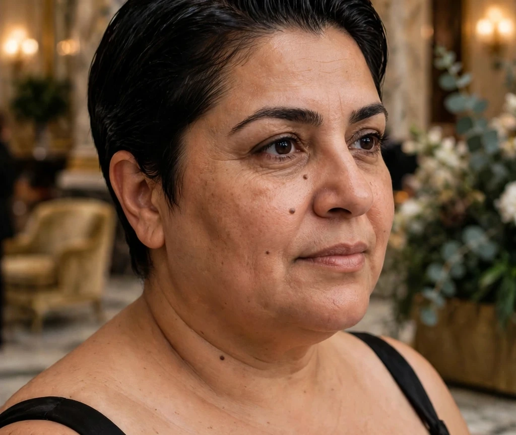 Plus size woman with a slicked-back pixie in dark hair
