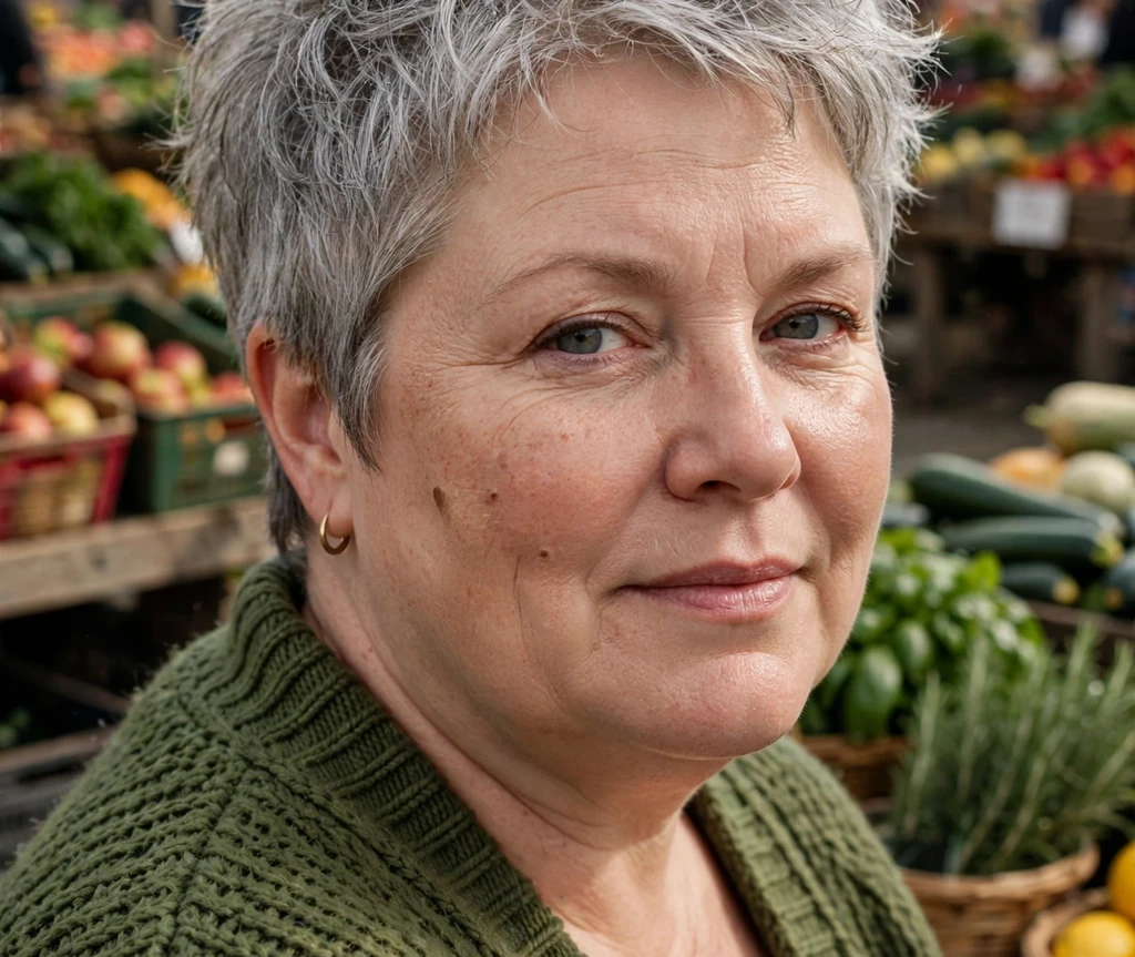Plus size woman with a tousled crop in silver gray hair