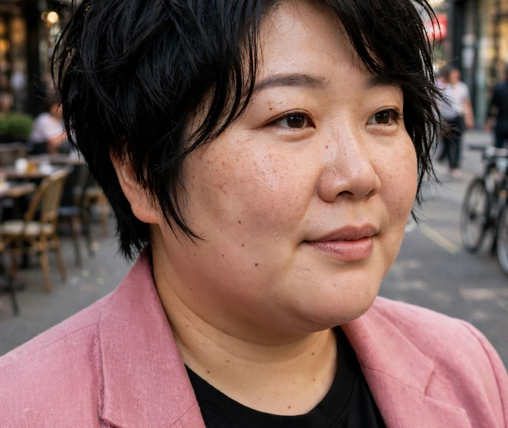 Plus size woman wearing a bixie haircut in black hair