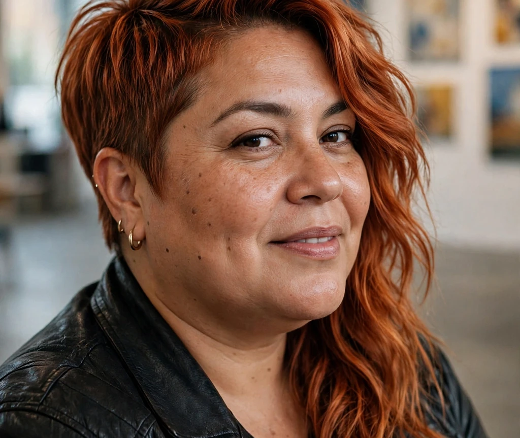 Plus size woman with an asymmetric pixie in copper colored hair