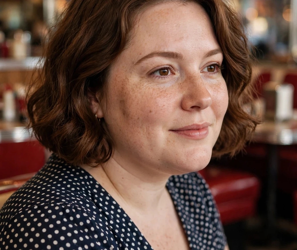 Plus size woman with a short wavy bob in chestnut brown hair