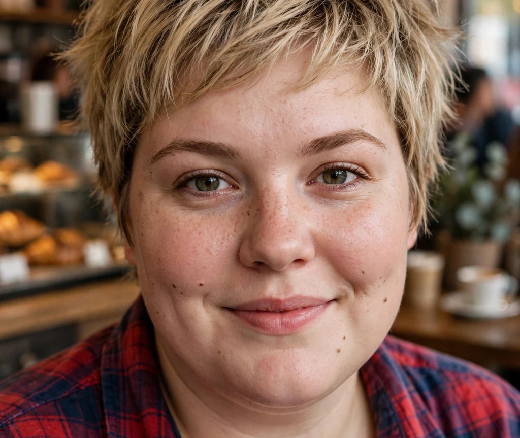 Plus size woman with a messy pixie in dirty blonde hair