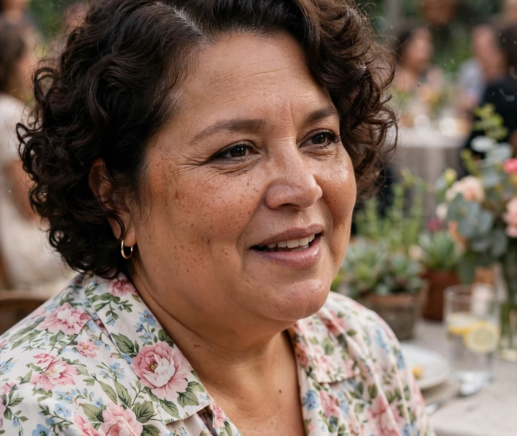 Plus size woman with side-parted short curls in dark brown hair
