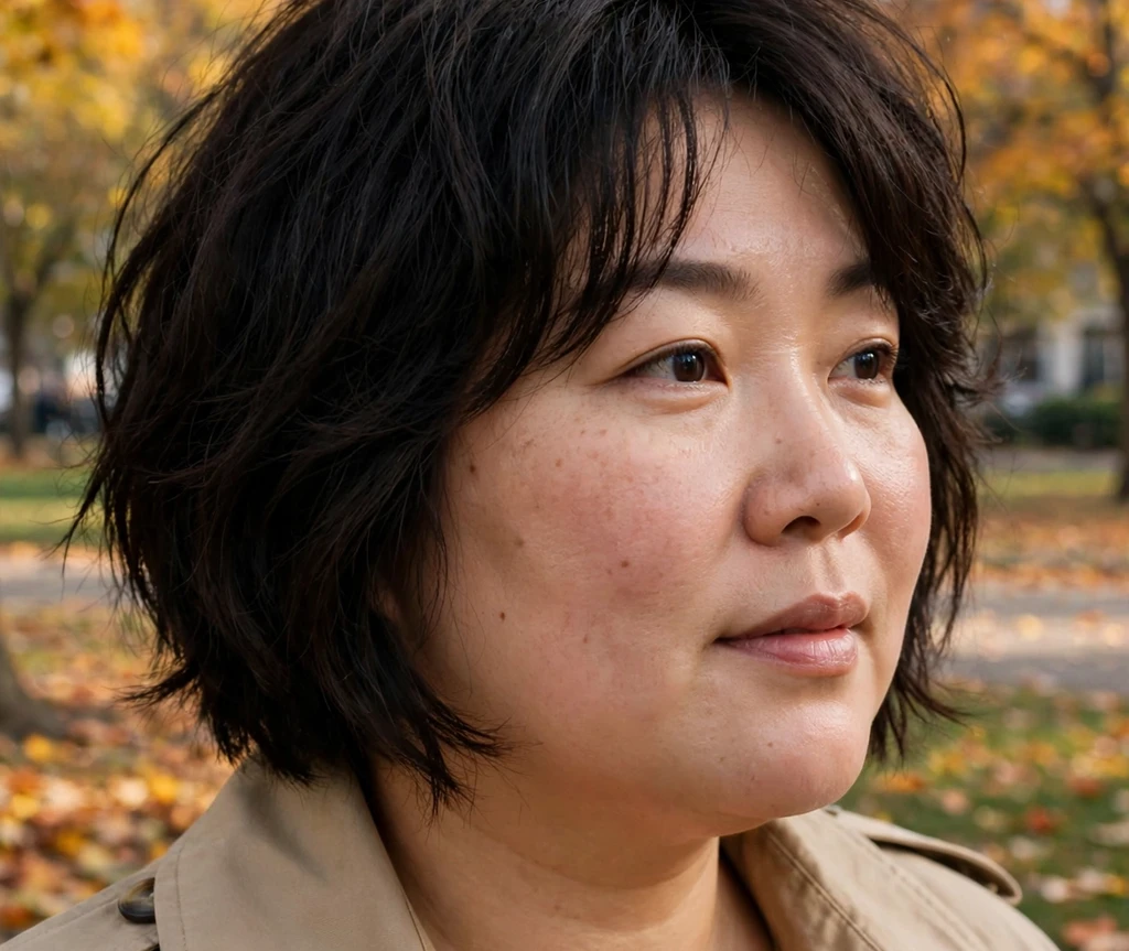 Plus size woman wearing a rounded shaggy bob in dark hair