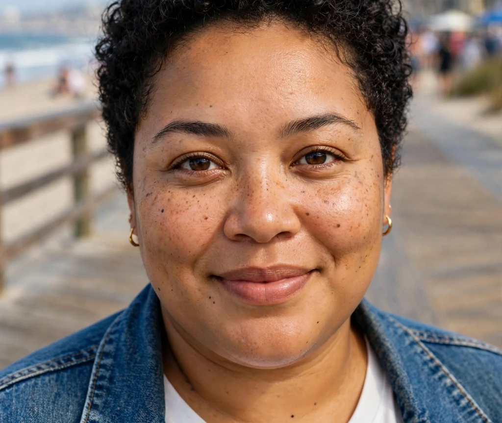 Plus size woman with a short cut with defined natural curls