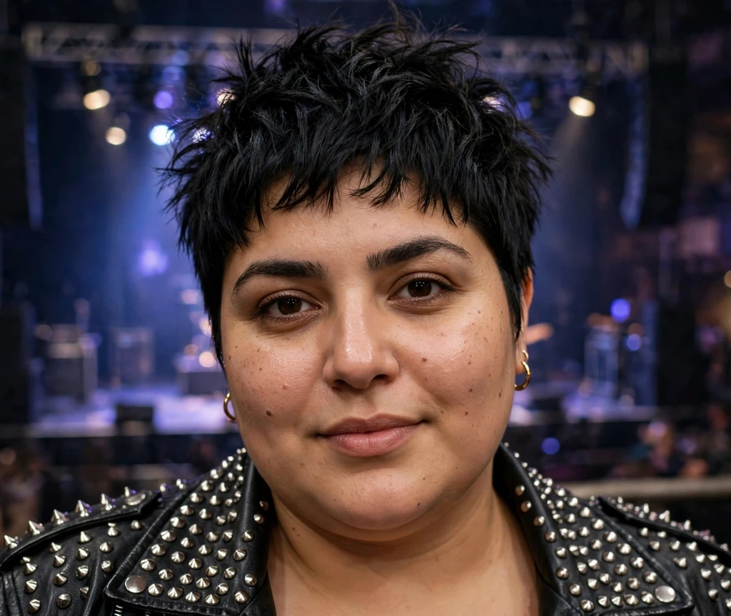 Plus size woman wearing an edgy textured crop in dark hair