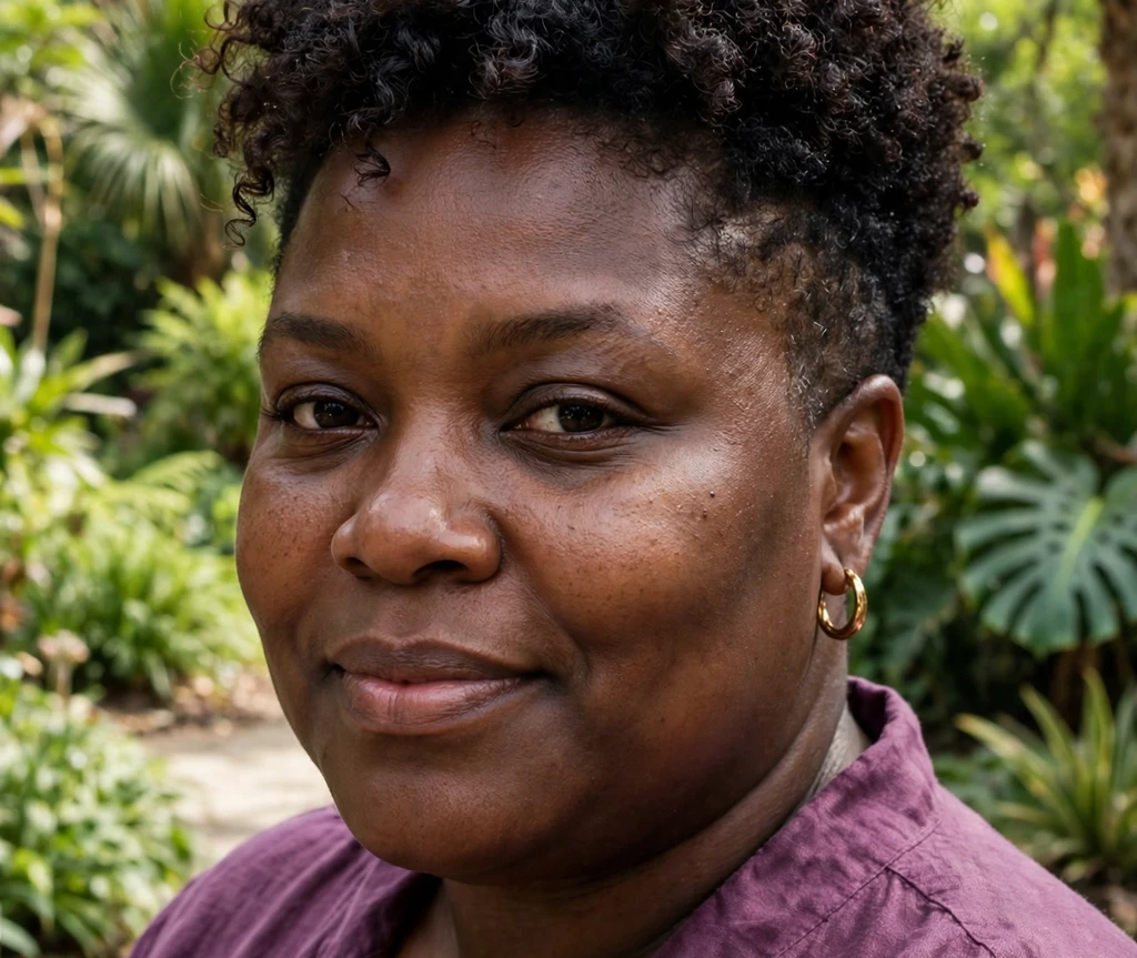 Plus size woman wearing a curly tapered cut with full curls on top