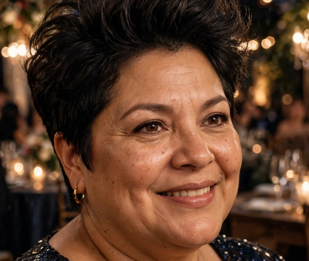Plus size woman with a glamorous voluminous pixie in dark hair