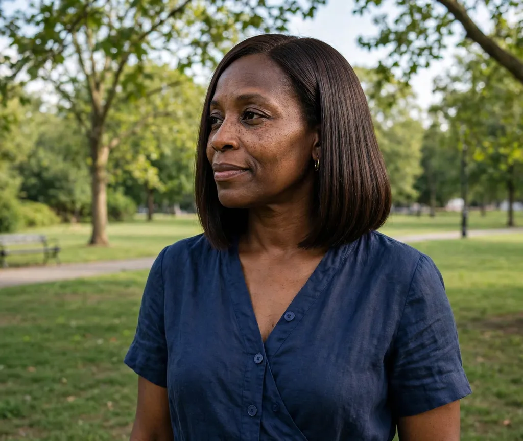 Black woman in her 40s with a classic silky straight relaxed bob in espresso brown at a park