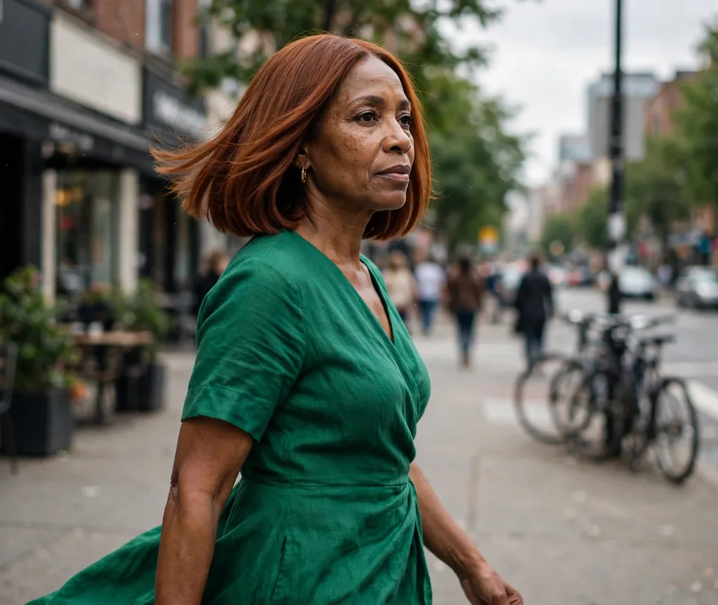 Black woman in her 50s with a sleek A-line relaxed bob in auburn on a city street