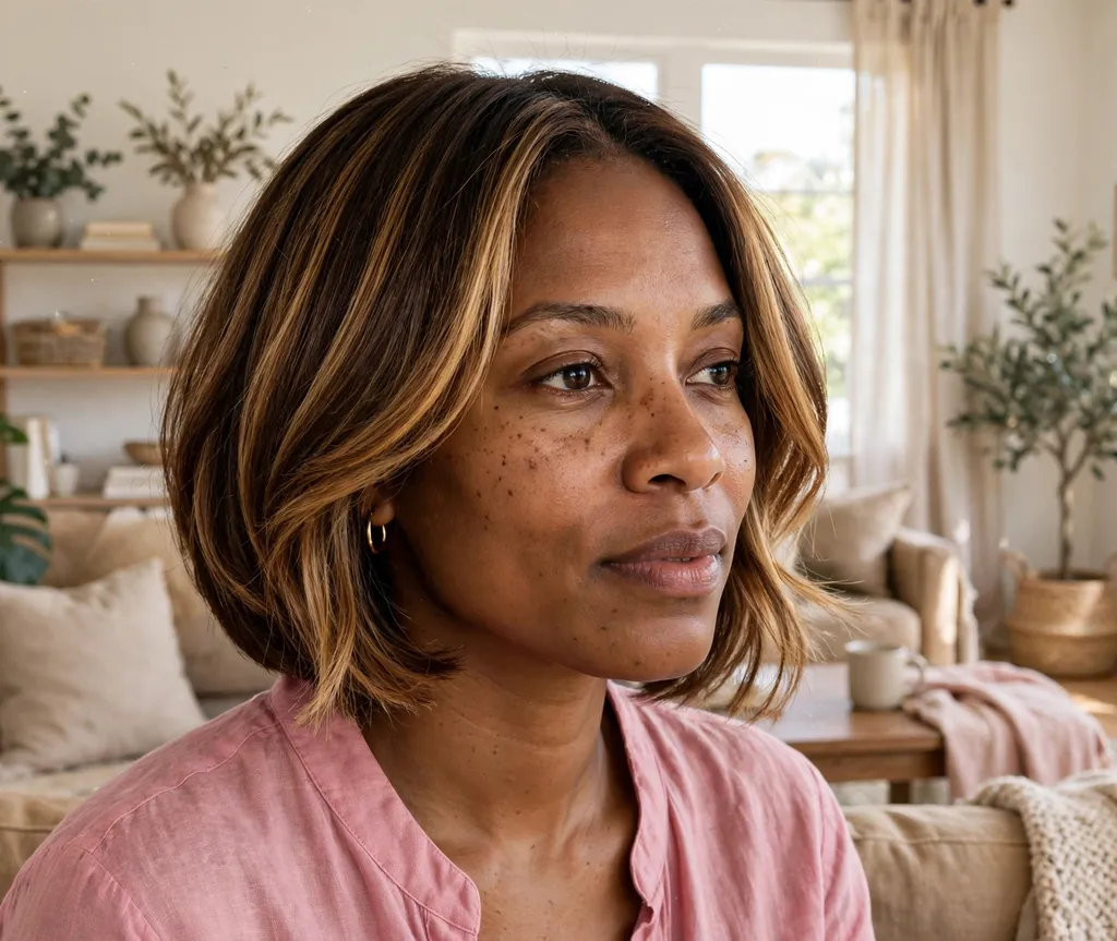 Black woman in her 30s with a graduated relaxed bob with honey highlights at home
