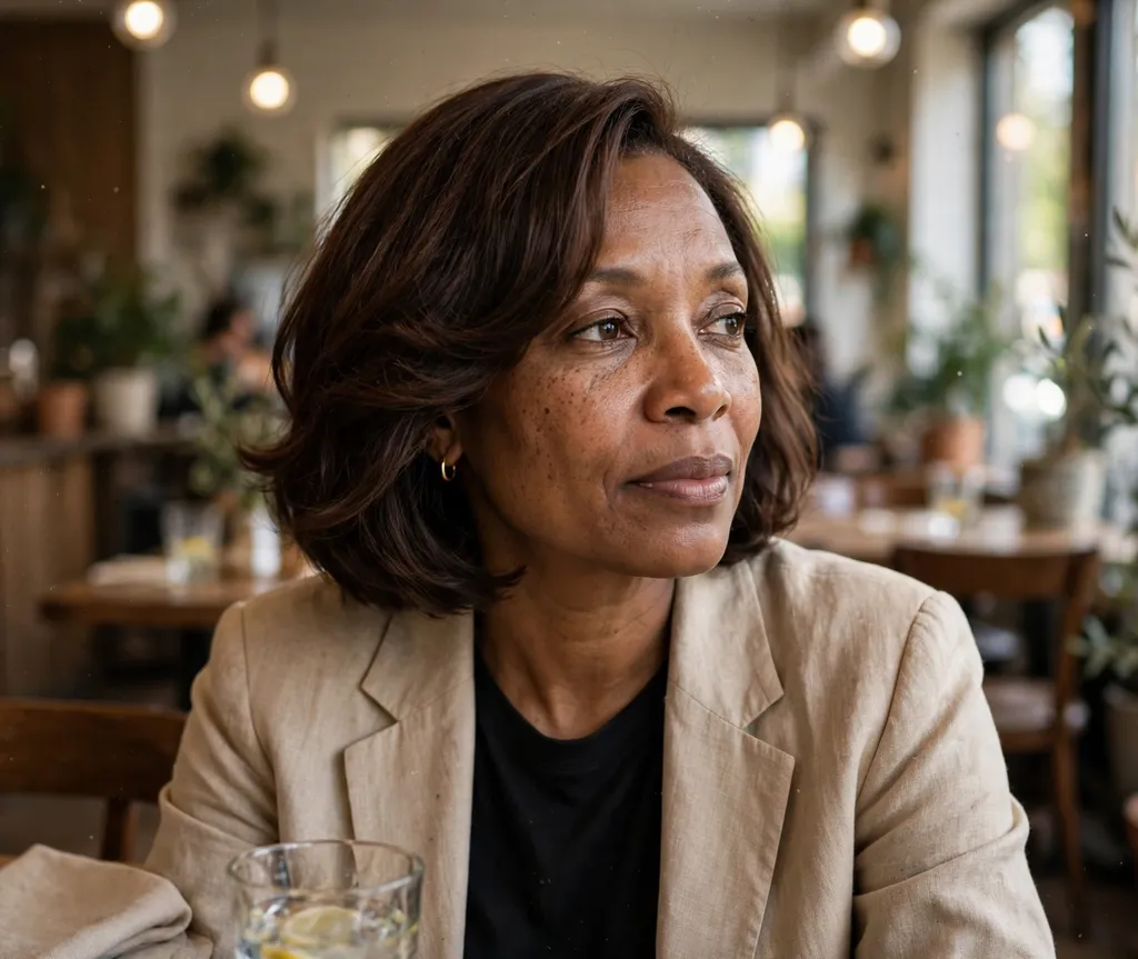 Black woman in her 40s with a side-swept relaxed bob in chocolate brown at a cafe
