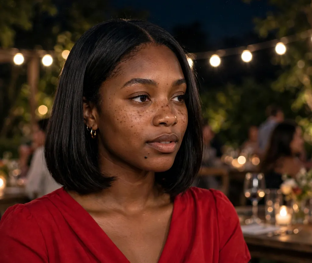 Young Black woman with a middle-part glass-straight relaxed bob in jet black at an event
