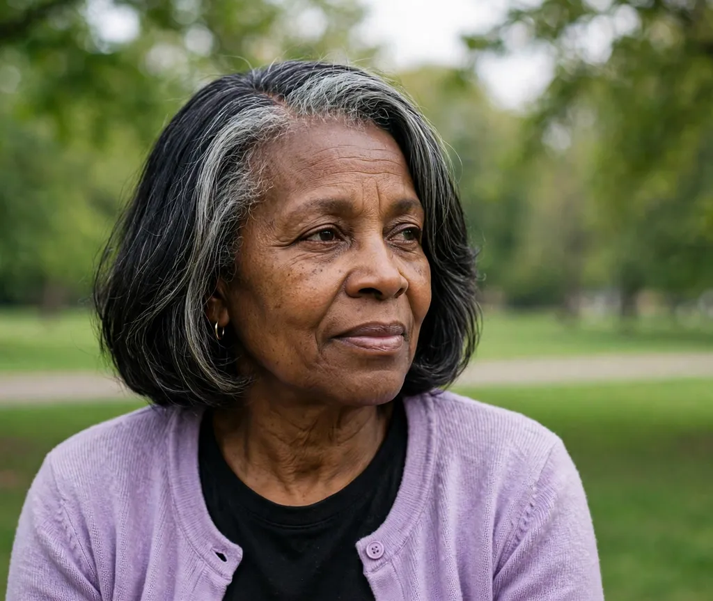 Black woman in her 60s with a deep side part relaxed bob with silver streaks at a park