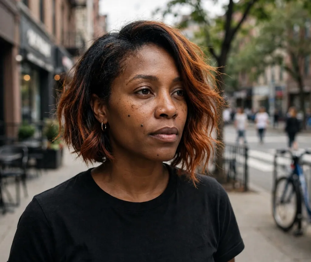Black woman in her 30s with an asymmetrical relaxed bob with auburn tips on a city street