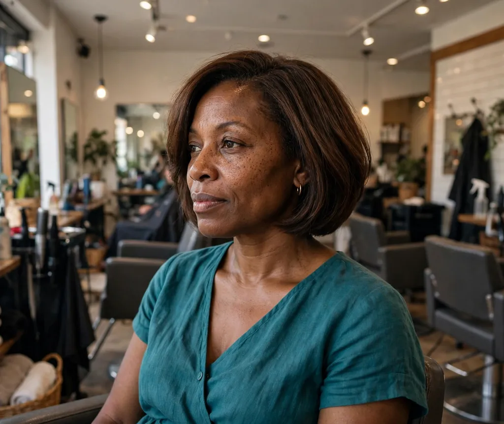 Black woman in her 40s with an inverted relaxed bob in espresso at a salon