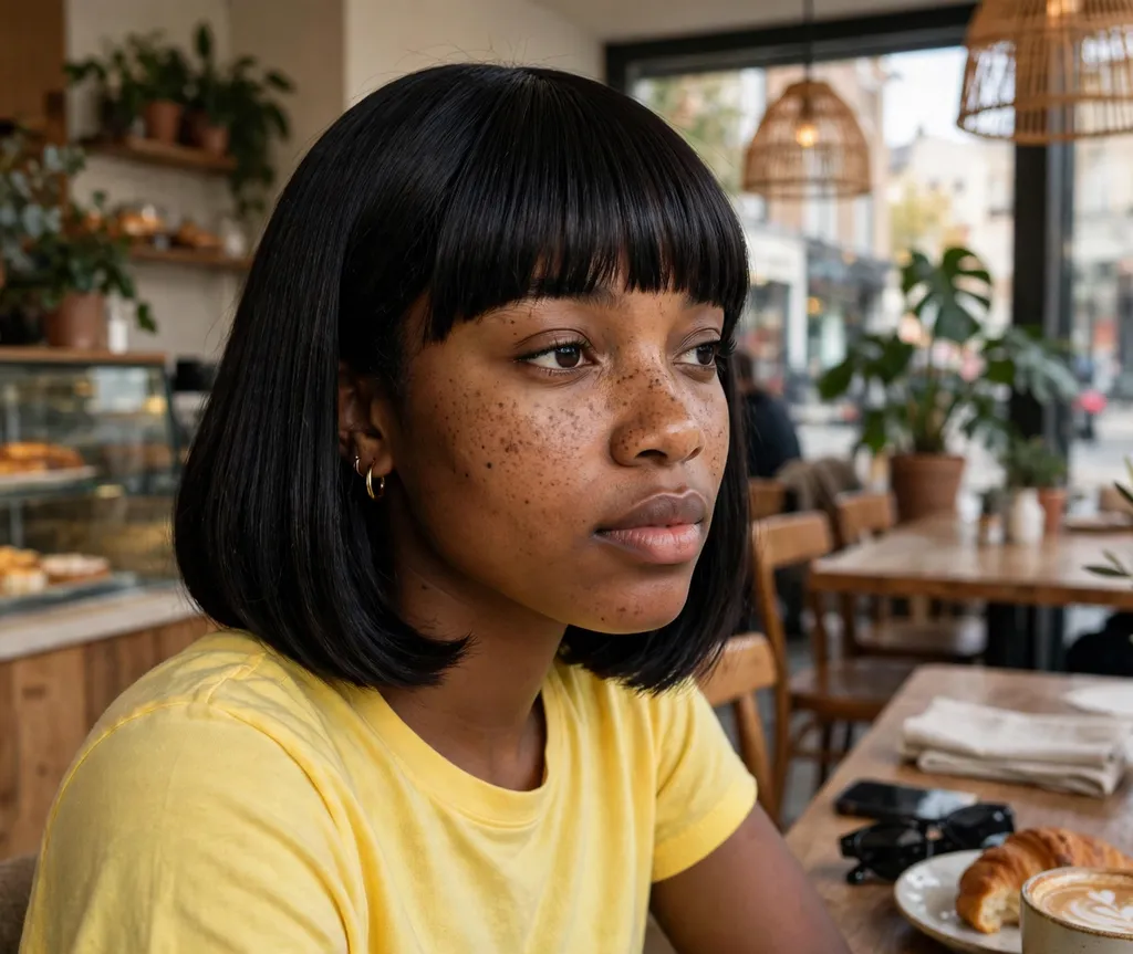 Young Black woman with a sleek relaxed bob and full bangs in jet black at a cafe