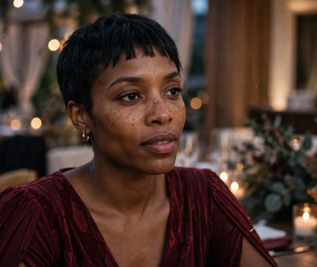 Black woman in her 30s with a micro fringe relaxed crop in jet black at an event