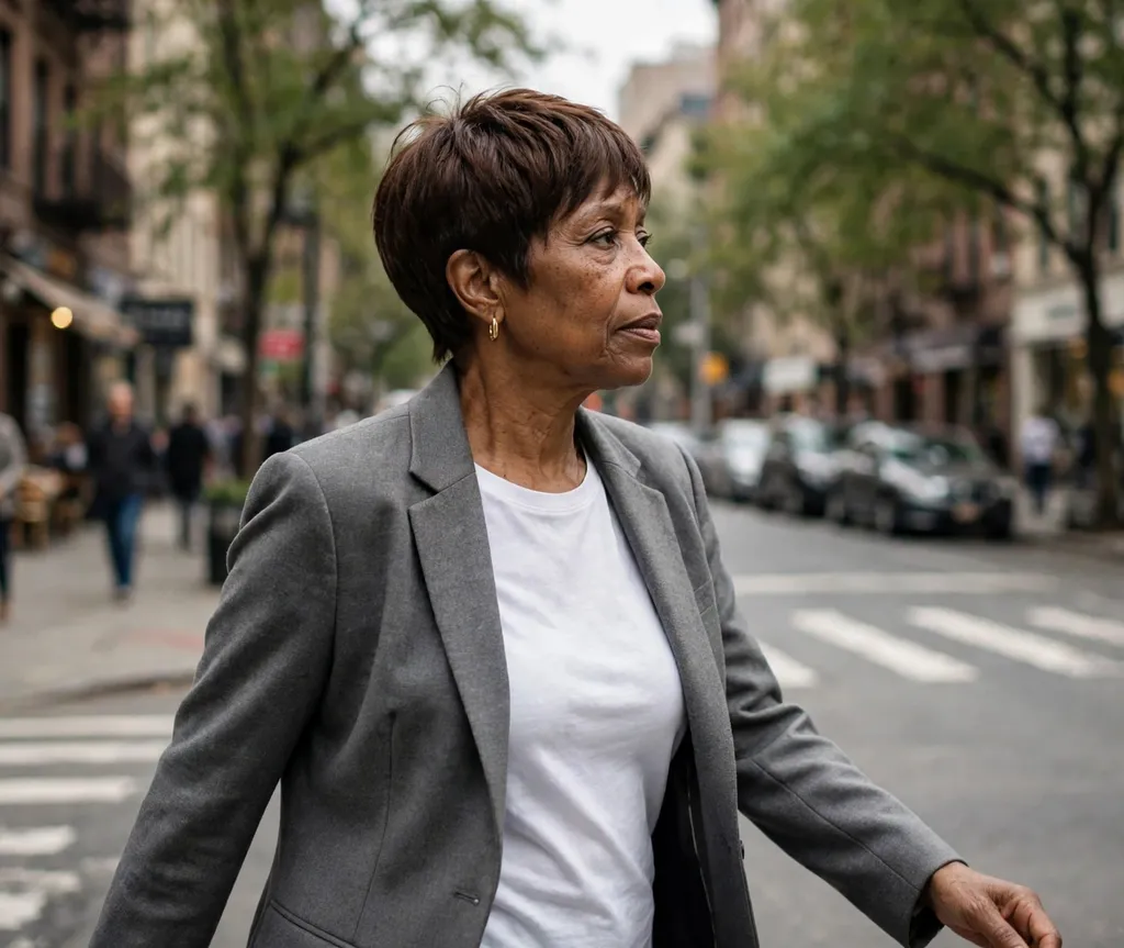 Black woman in her 50s with a polished tapered relaxed pixie in espresso at a city street