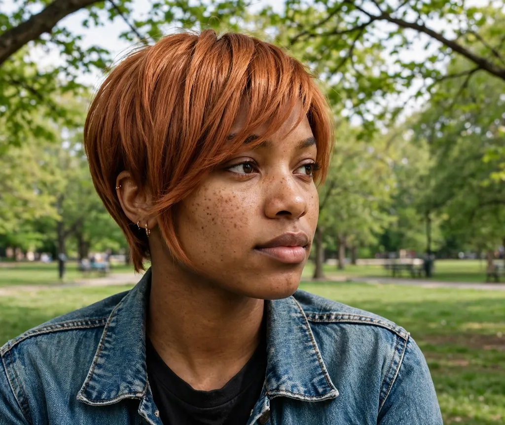 Young Black woman with a long-fringe sleek relaxed pixie in copper at a park