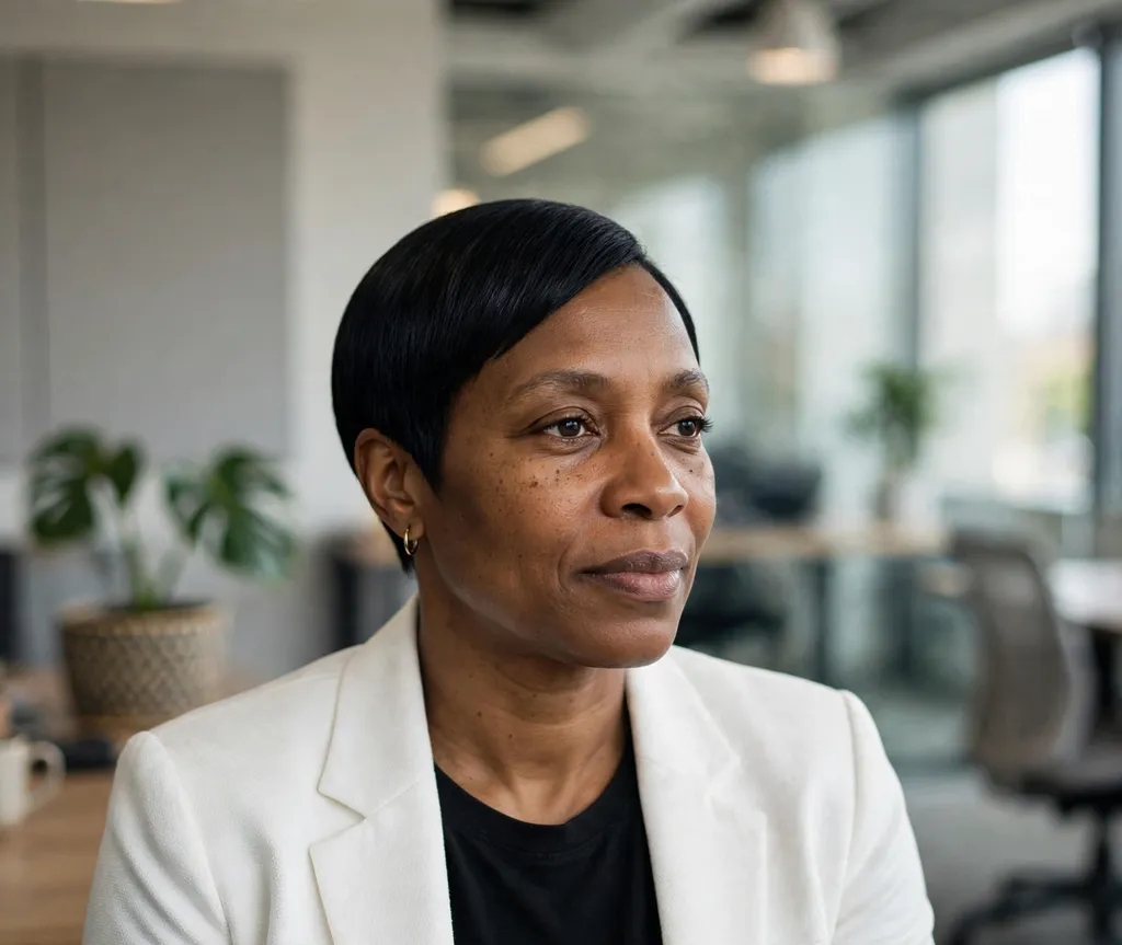 Black woman in her 40s with a glass-straight relaxed crop in jet black at an office