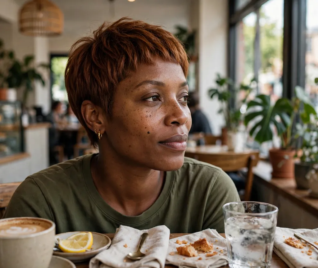 Black woman in her 30s with a relaxed boy-cut pixie in auburn at a cafe