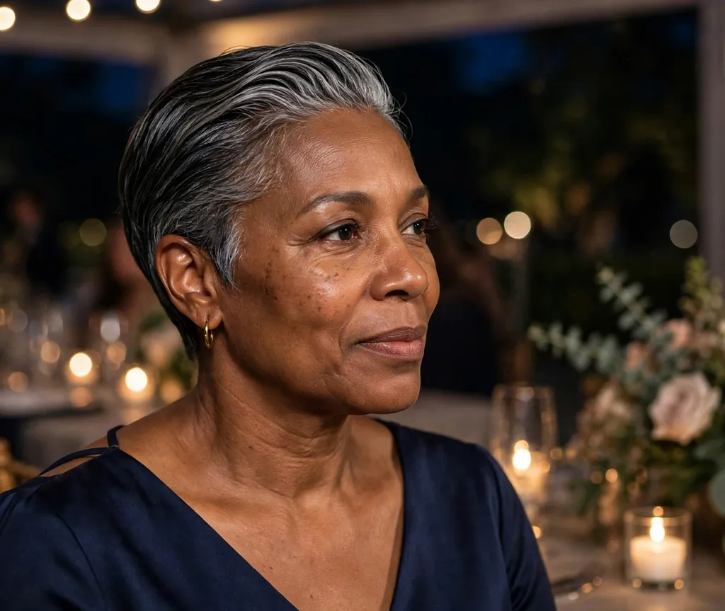 Black woman in her 50s with a slicked-back relaxed pixie with silver tones at an event