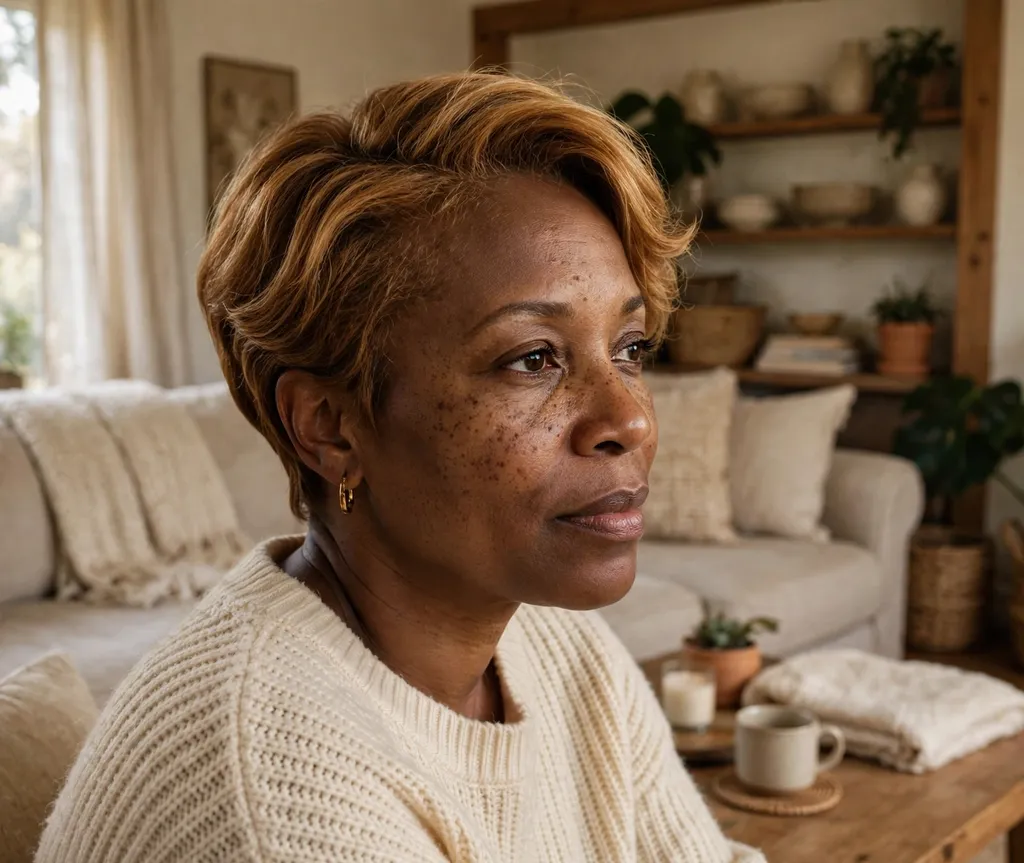 Black woman in her 40s with a side-part relaxed crop with honey tones at home