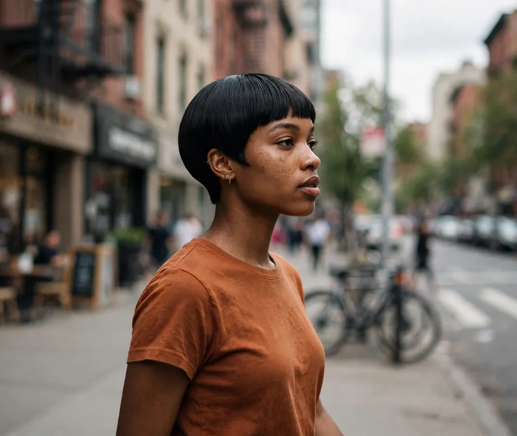 Young Black woman with a modern sleek bowl cut in jet black on a street