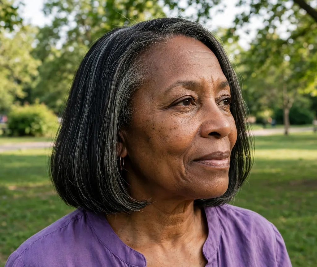Black woman in her 60s with a neck-length silk relaxed bob in black with gray at a park