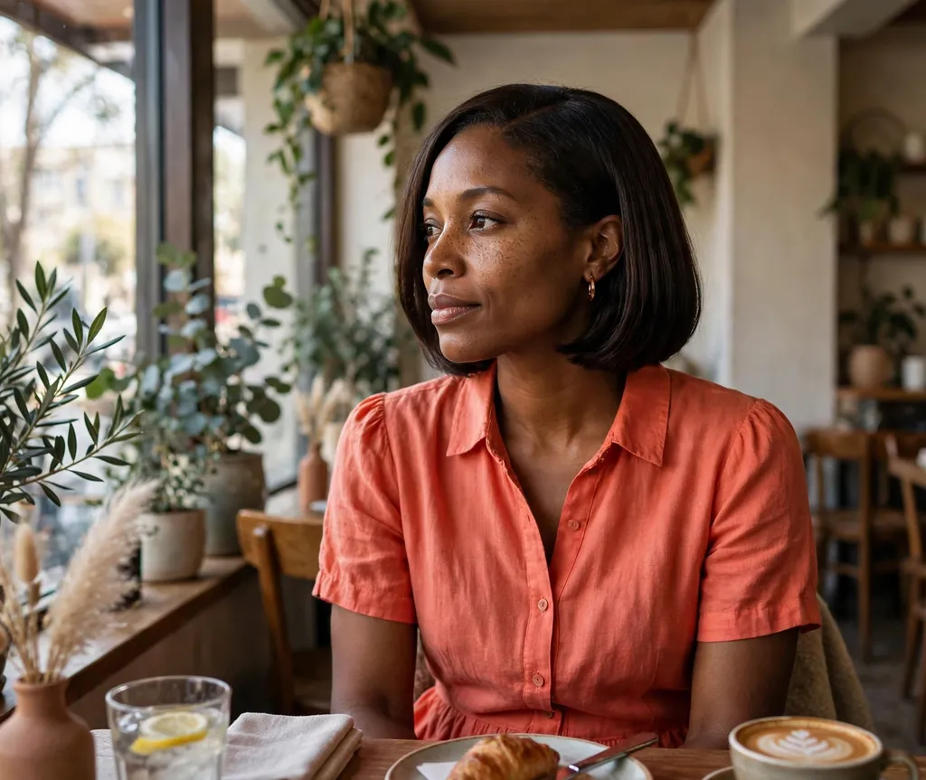 Black woman in her 30s with an espresso shine relaxed bob at a cafe