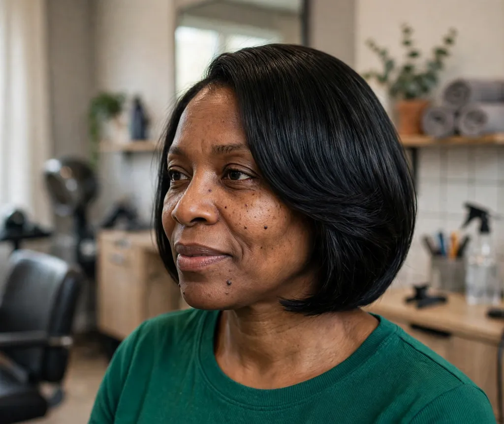 Black woman in her 40s with a jet-black glass relaxed bob at a salon