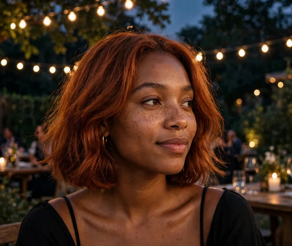 Young Black woman with an auburn glow relaxed bob at an event