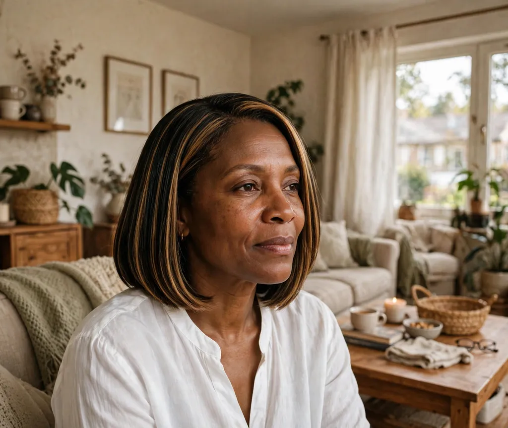 Black woman in her 50s with a honey-highlighted sleek relaxed bob at home
